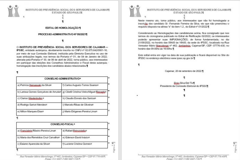 Edital de Homologação dos candidatos aos Conselhos Administrativo e Fiscal do IPSSC